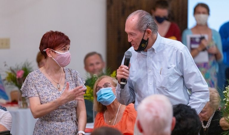 Colleen Blagov, principal flute (left), and Frank J. Doherty (right) announcing Principal Flute Chair at Music in the Garden event on Sunday, April 18, 2021