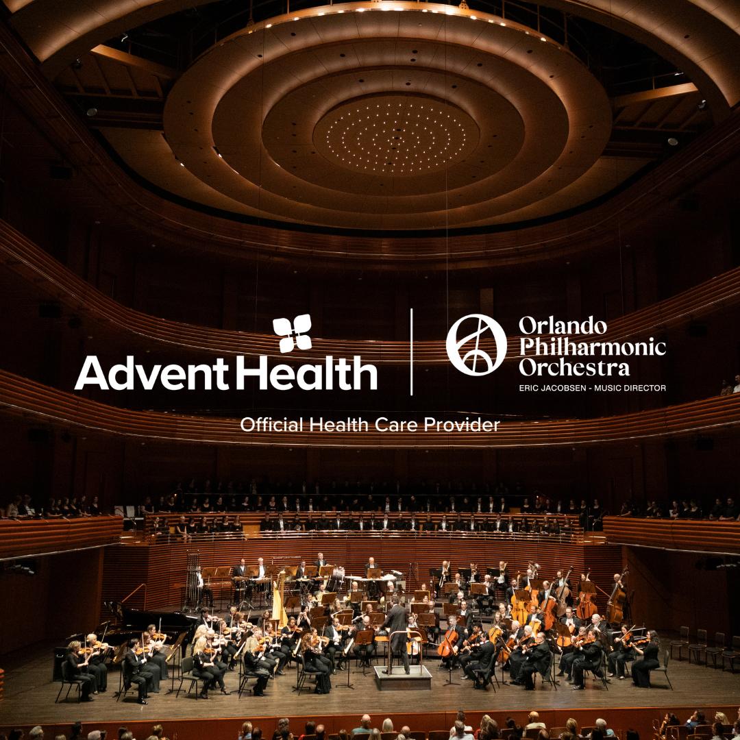 AdventHealth and OPO combined logo, official health care provider, over a photo of the orchestra in Steinmetz Hall.
